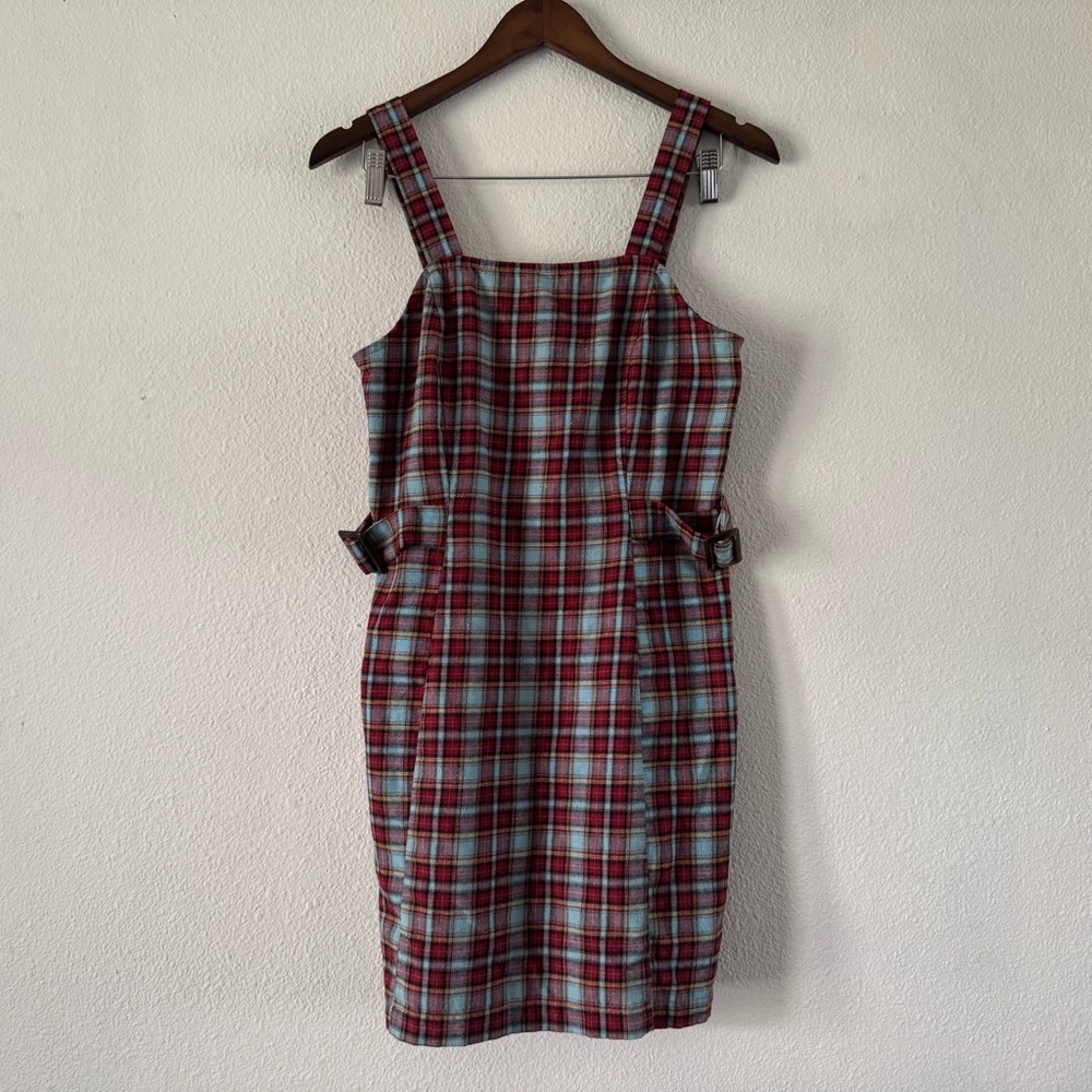 Y2K Preppy Plaid Mini Jumper Dress Tartan Square Neck Buckle Large Grunge - Picture 3 of 13